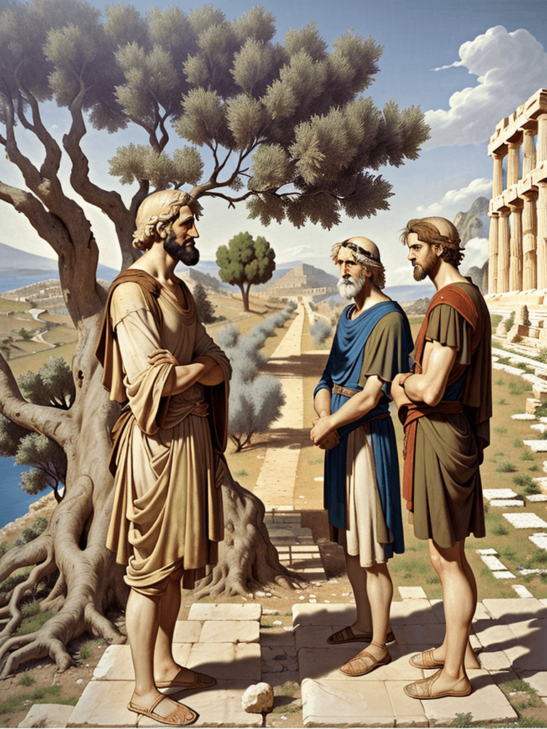 AI generated: Full height side view Portrait of only two men: very old, hunched philosopher Aristotle talking to b...