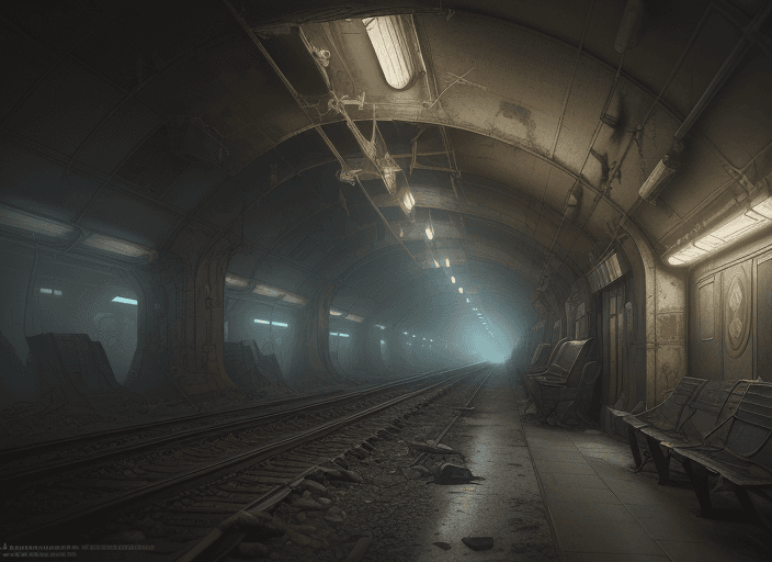 AI generated: painting of a post scenery at metro lowest level, underground, dark, rails, ultra realistic, concept...