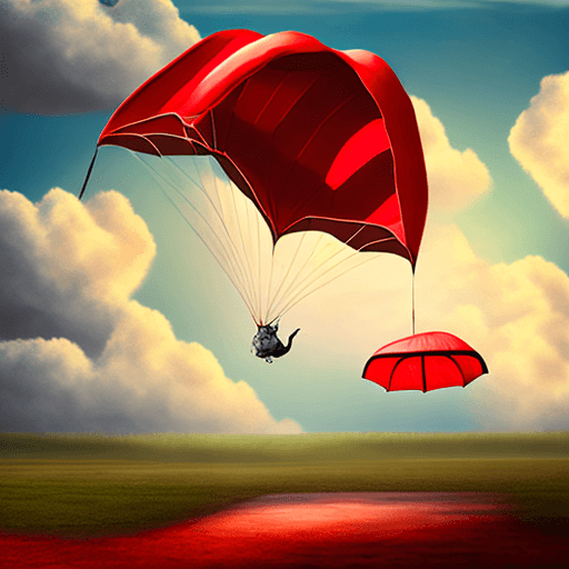 AI generated: Elephant attached to a red parachute falling through sunny clouds.
Style: photo realistic