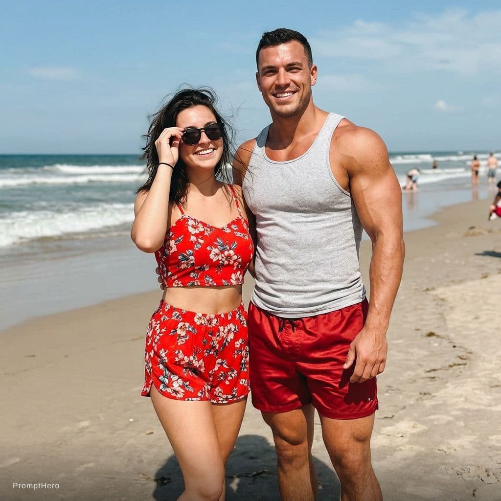 AI generated: The woman wearing a red floral print strapless satin bikini bust size 26d and standing on beach,remo...
