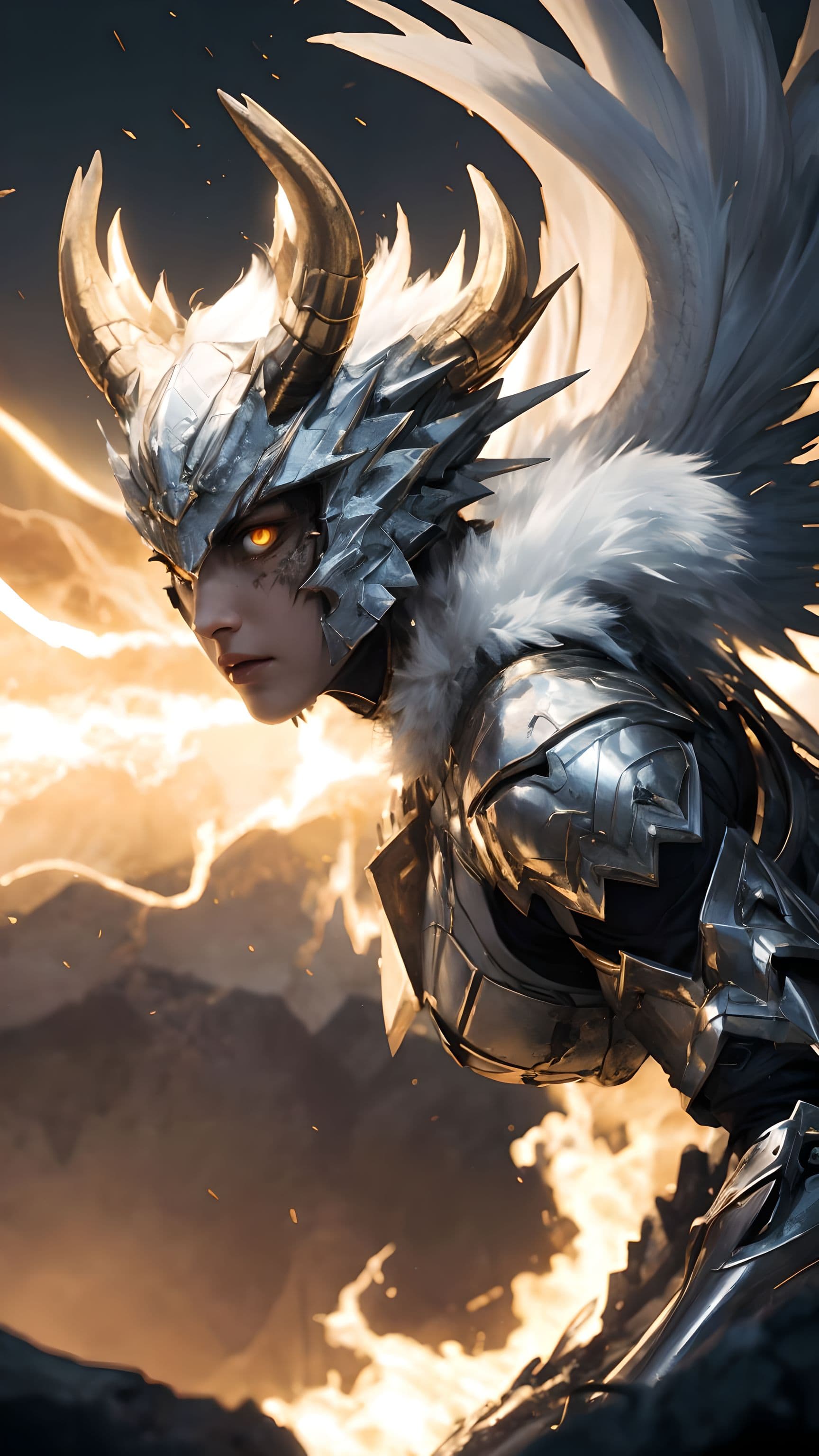 AI generated: Monster Hunter female, white and gold, grandiose, massive, majestic, Whirlwind Flame, luminosity of ...