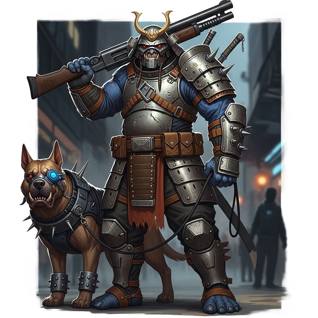 AI generated: A towering troll from the Shadowrun universe, a streetsamurai bounty hunter, stands confidently in a...