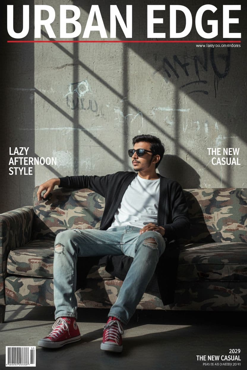 AI generated: photography, magazine cover, tilt shot, male model lounging on a worn camouflage sofa, casually dres...