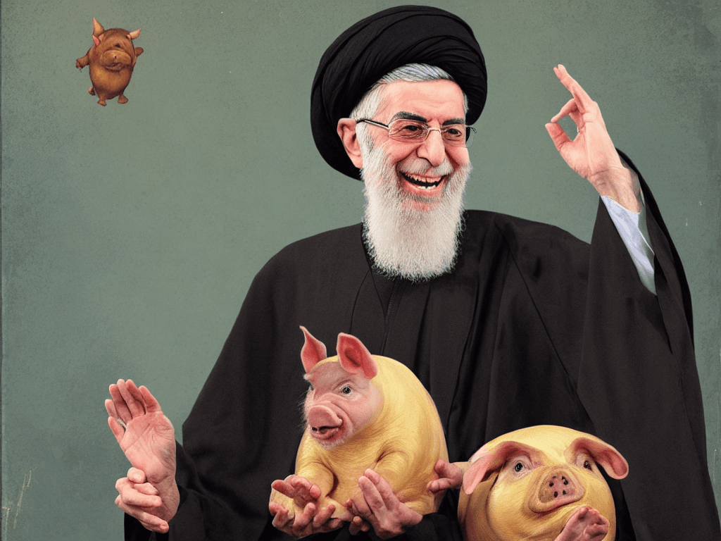 AI generated: portrait of ali khamenei holding a a fat pig and laughing
