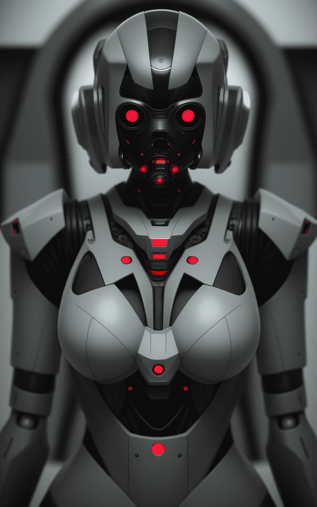 AI generated: Hyperdetailed photo, Mid Shot Photo, murderbot by matha wells, female, (human:robot:0.2) , opaque ma...