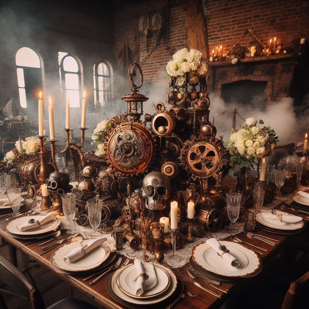 AI generated: steampunk Wedding Dinner ceremony ,very beautiful, steampunk style