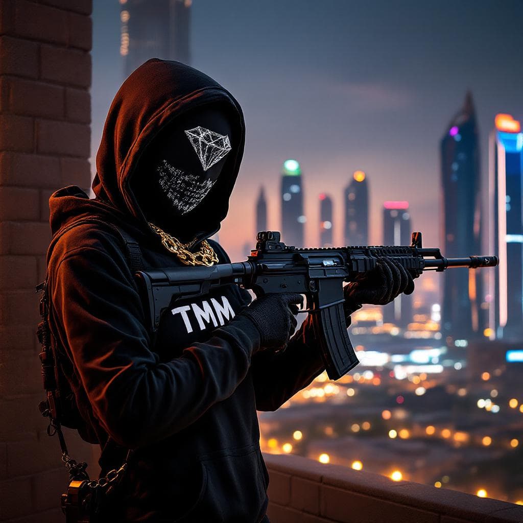 AI generated: WOMAN CHARACTER black ops theme 

wearing BLACK  face mask 

WEARING GOLD CHAINS

holdingA DIAMOND  ...