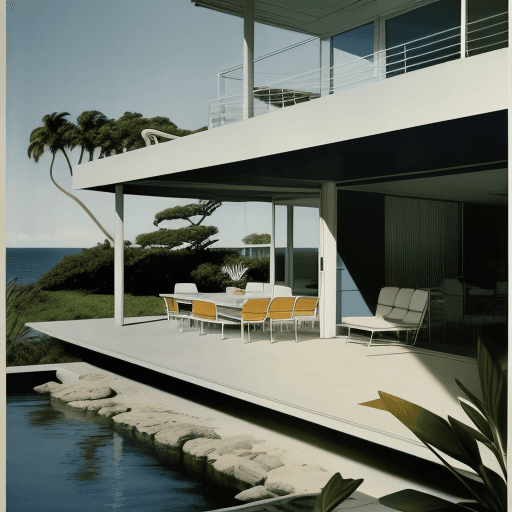 AI generated: Hyper realistic eye level exterior photo of a mid century modern style house overlooking the ocean, ...