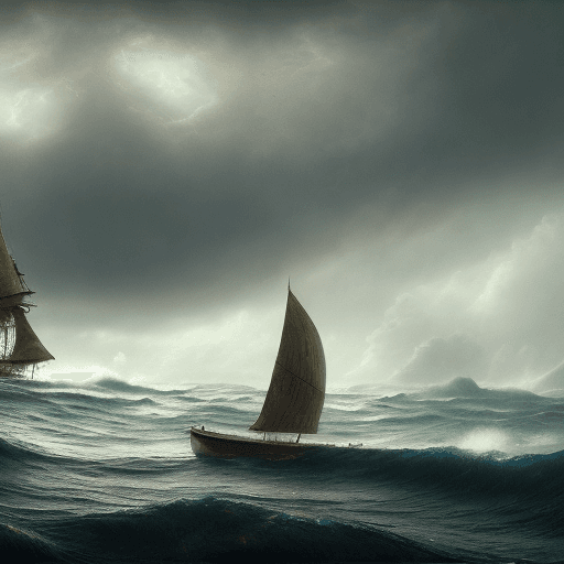 AI generated: A real photographic landscape painting with incomparable reality,Super wide,Ominous sky,Sailing boat...
