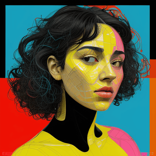 AI generated: female face with curly thick hair, geometric abstract portrait, bright vibrant colorful, gritty, cyb...