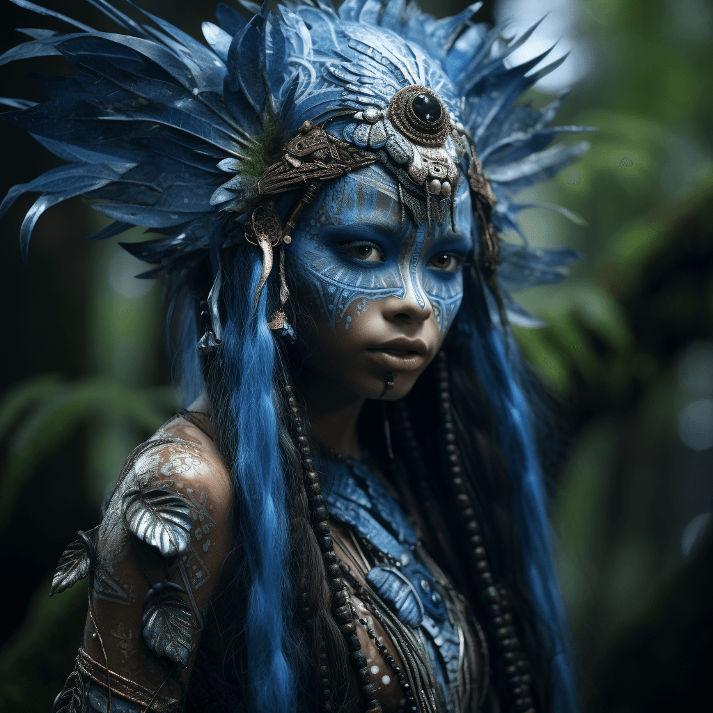 AI generated: a young woman dressed as an elf in mystical blue paint, in the style of zeen chin, 32k uhd, cultural...