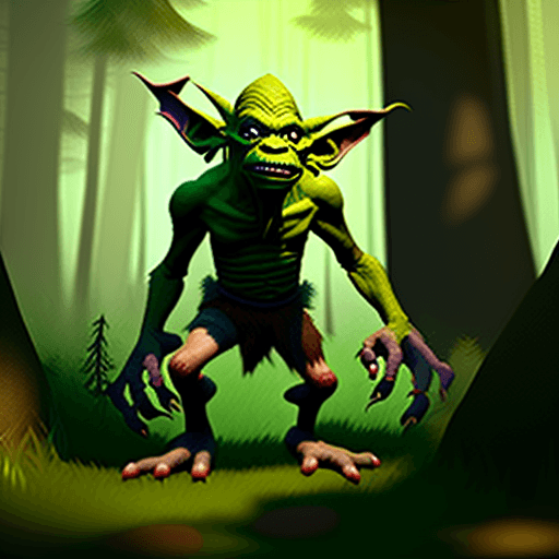 AI generated: good looking, DnD goblin with very big feet in a forest, cinematic light, photorealistic, mystical