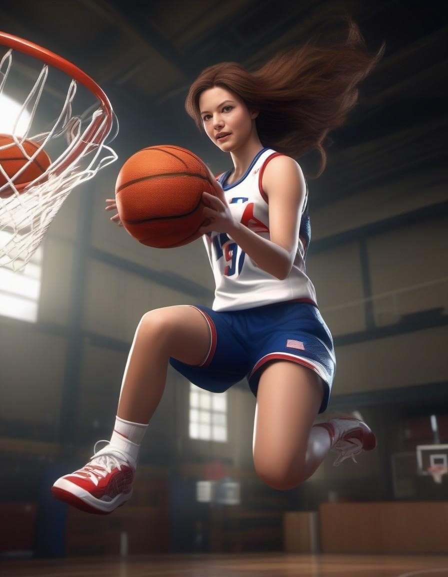 AI generated: Cat girl from marvel wearing skimpy version of the USA basketball uniform while doing a great dunk s...