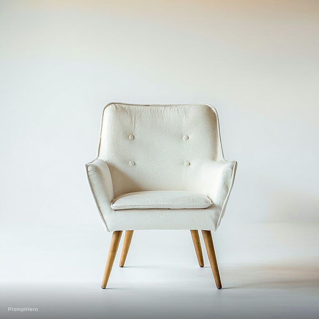 AI generated: minimalistic chair, white studio setting, a Hasselblad X1D II 50C 90mm lens, texture and fine stitch...