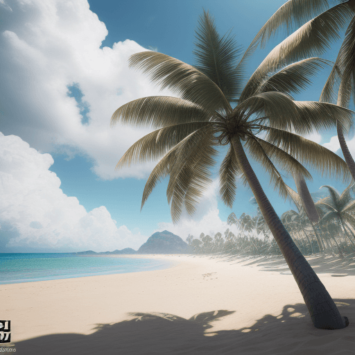 AI generated: Design a high resolution plain sand shore with a coconut tree in a bright summer day, cinematic ligh...