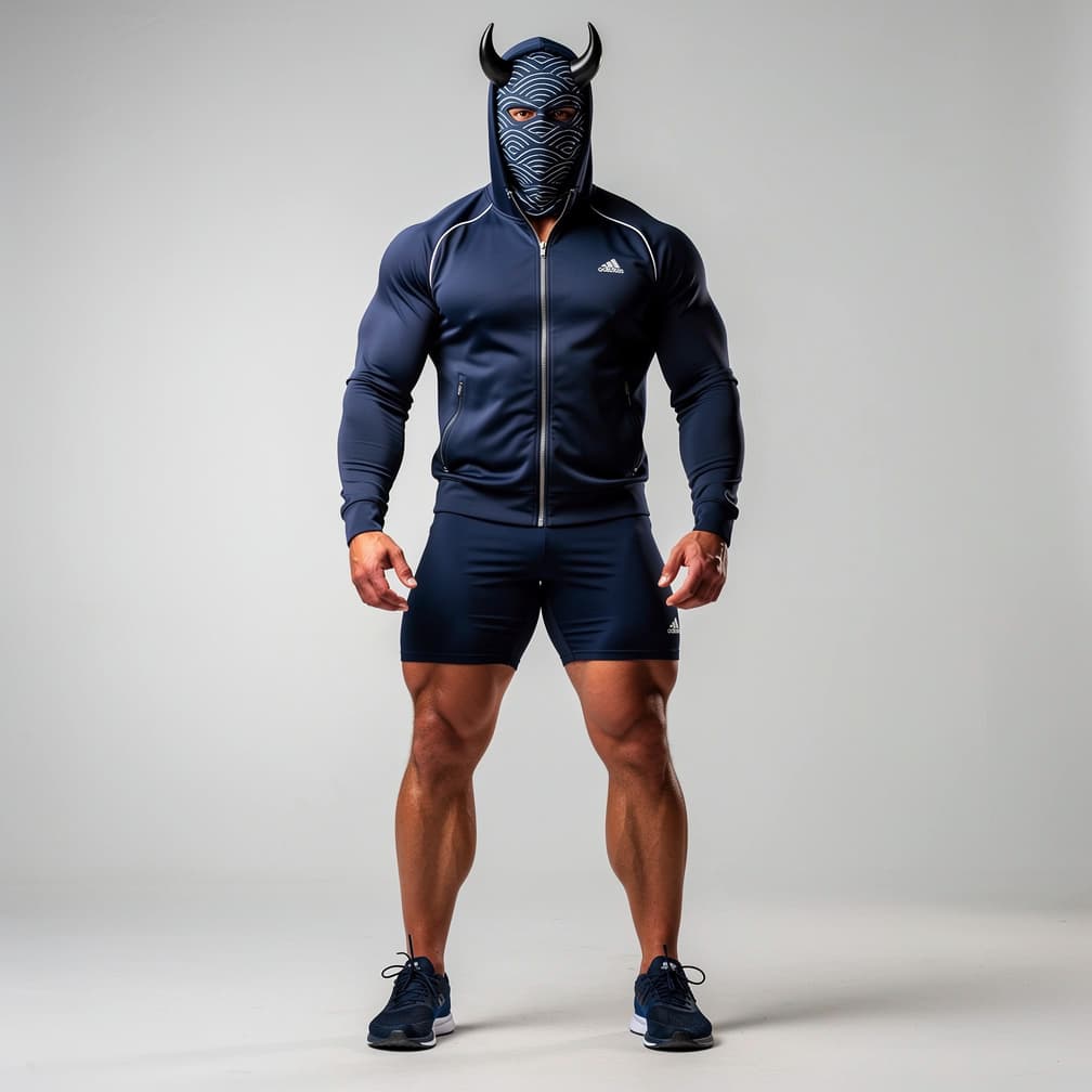 AI generated: A big muscular man wearing navy blue short shorts and a navy blue like jacket and a hood plus a navy...
