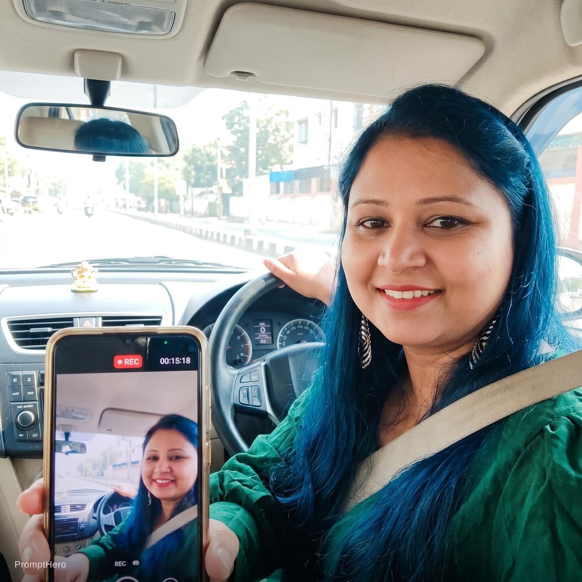 AI generated: this woman, but inside the car in the driver's seat, recording herself in selfie mode