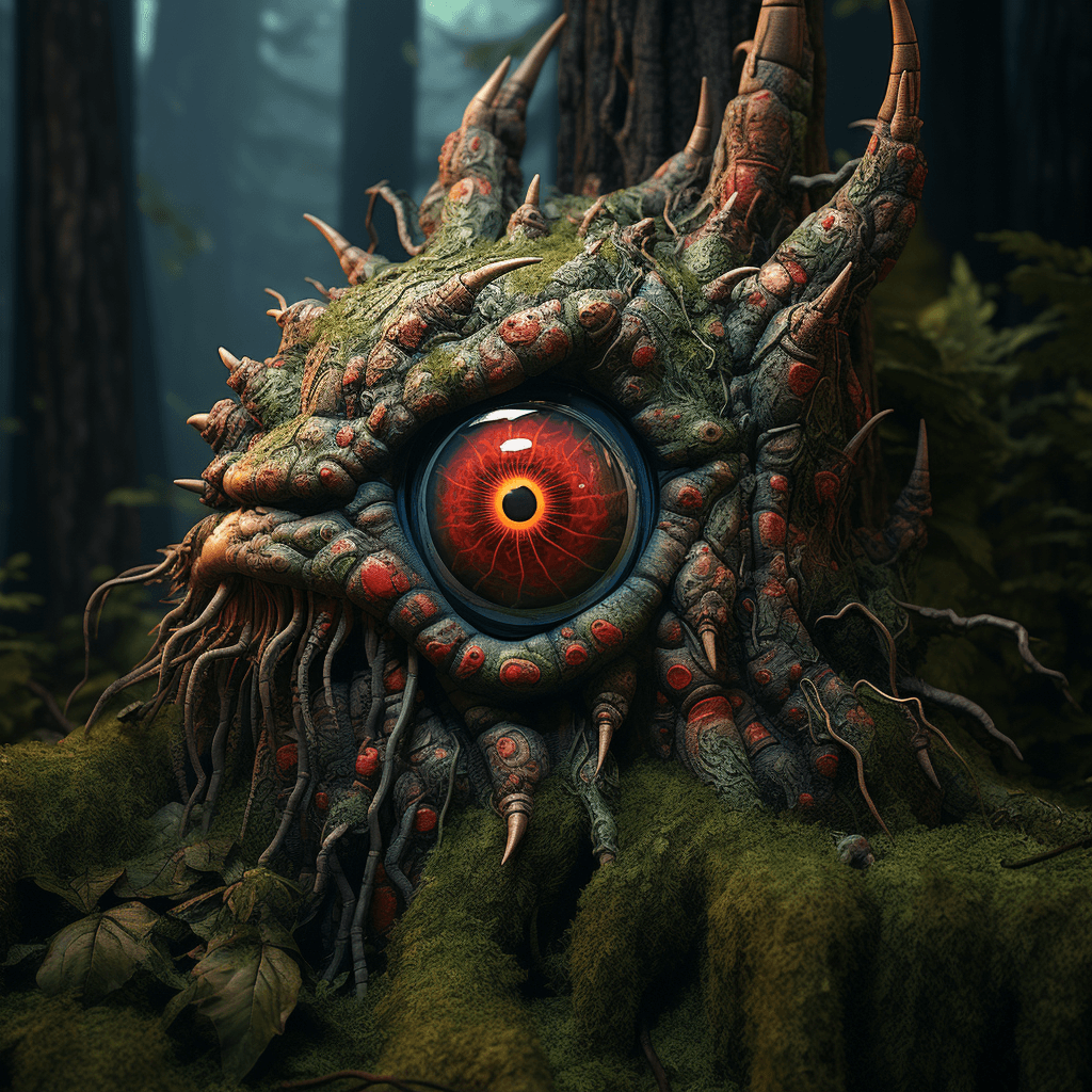 AI generated: a scary looking wood creature with a red eye, in the style of filip hodas, daz3d, sandy skoglund, na...
