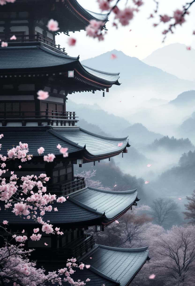 AI generated: A close-up view of a traditional Japanese pagoda, partially framed from the side or slightly below, ...