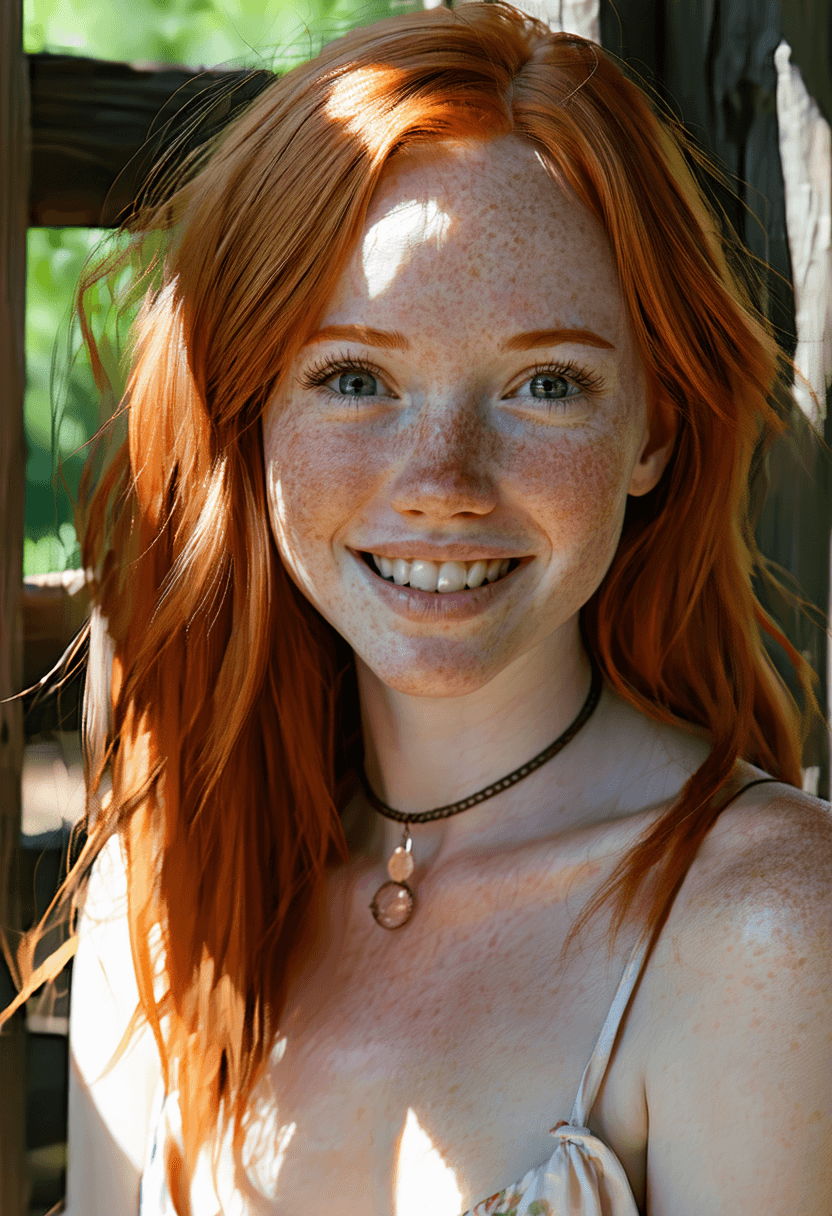 AI generated: A vibrant redheaded t girl,  The young lady's fair, freckled skin is kissed by the sun, giving her a...