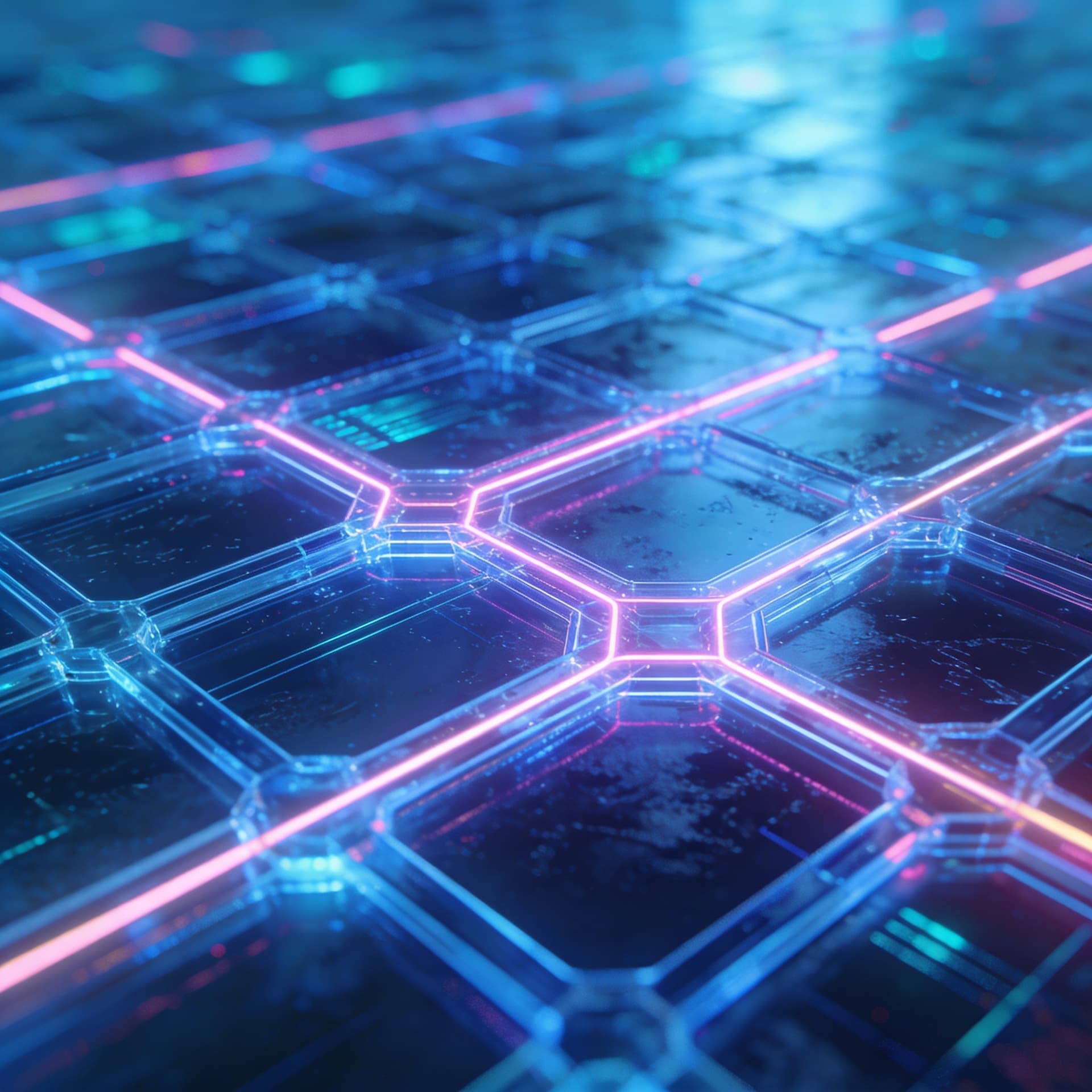 AI generated: transparent neon floor grid, glossy texture, intricate design, vibrant blue with subtle pink and tea...
