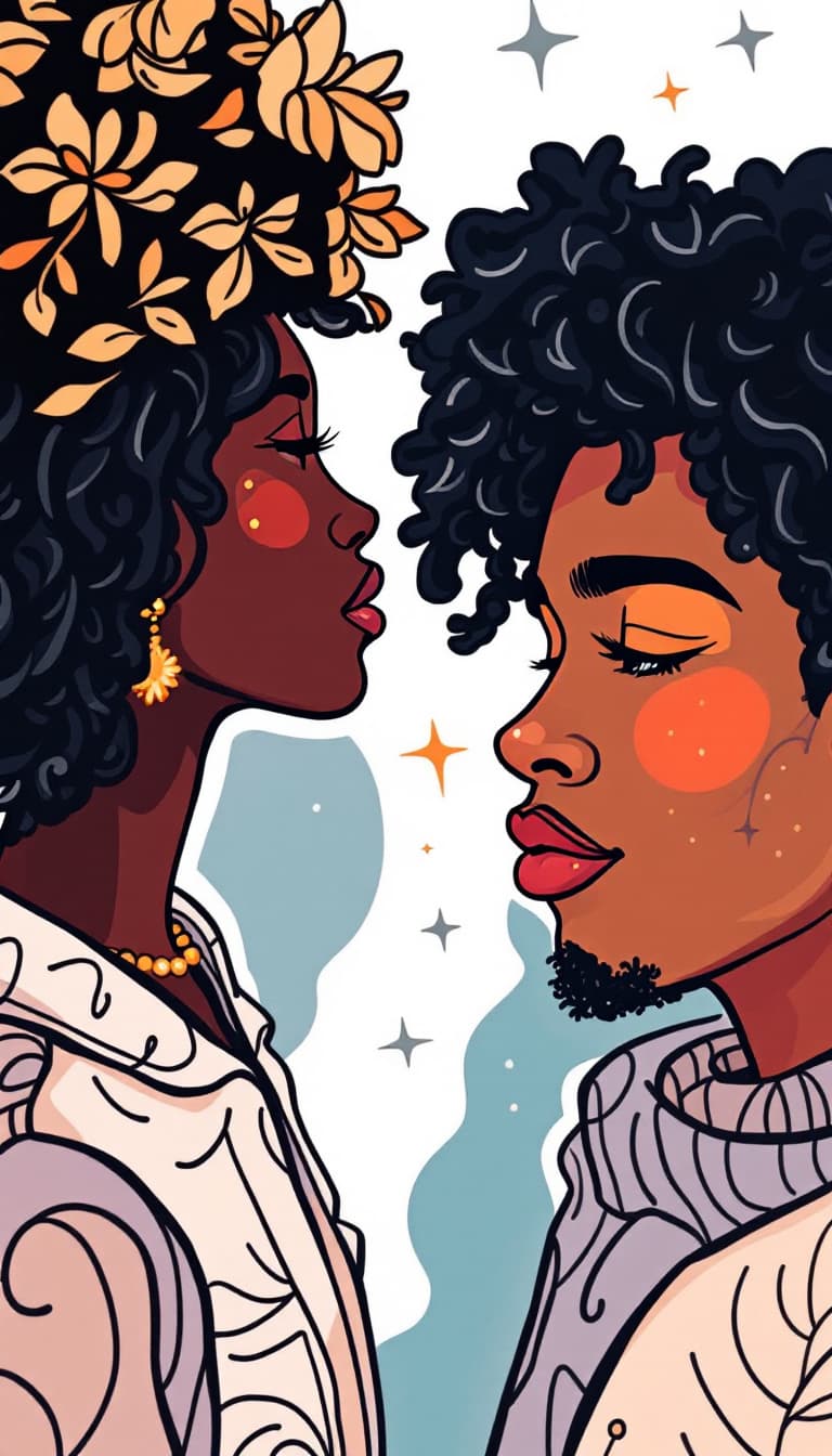 AI generated: continuous-line-drawings-of-black women and men-with-pastel-colors-sticker-2d-cute-fantasy-dream-905...