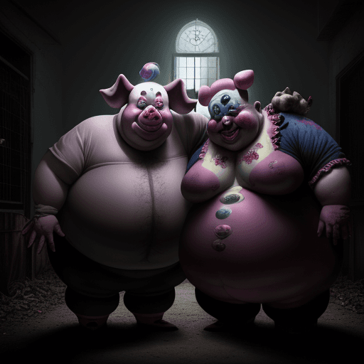 AI generated: Dialogue between a two characters, one clown and a pig creature, grotesquely obese, full body, mysti...