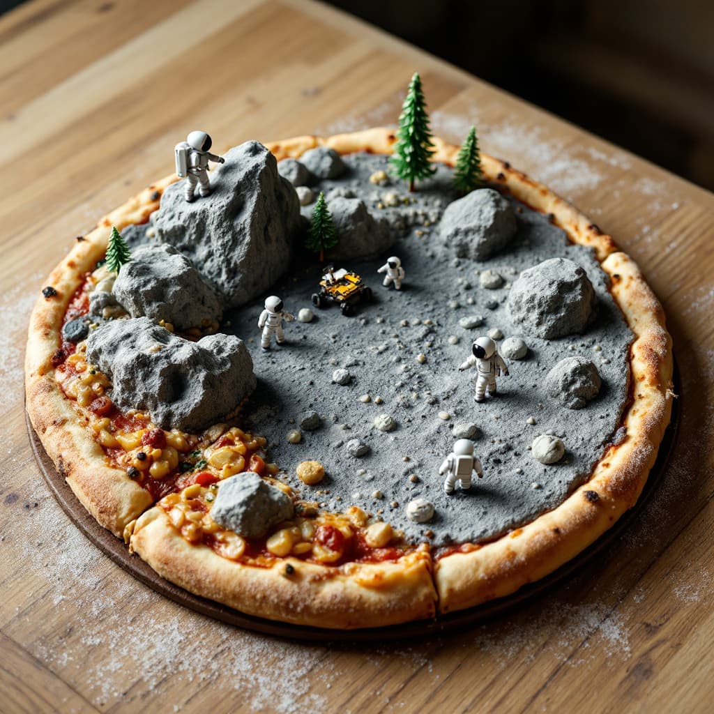 AI generated: Una pizza reposa sobre una mesa de madera, pero su superficie se ha transformado en un paisaje lunar...