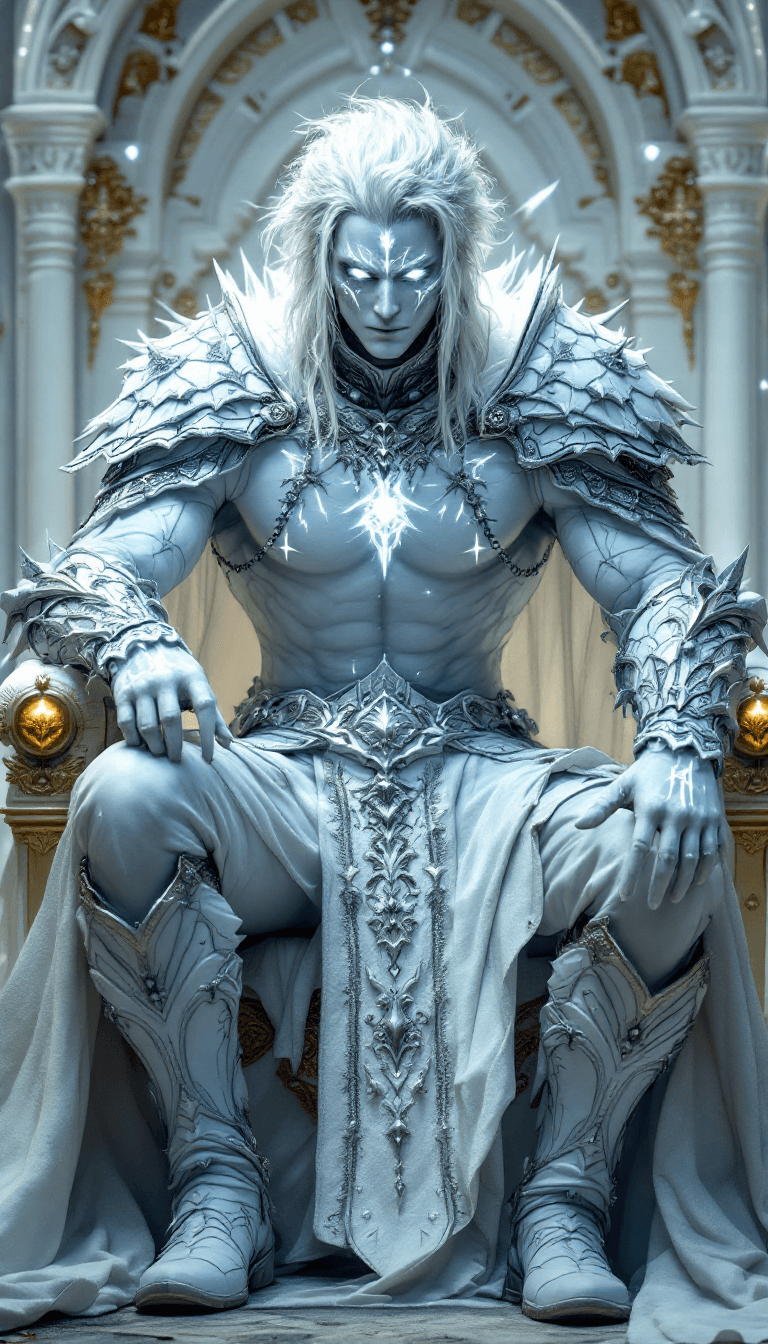 AI generated: all white, white final fantasy, male, mage, white body skin, fantasy big white color full body fanta...