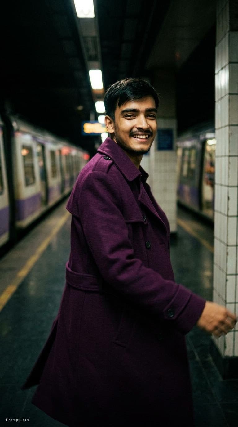 AI generated: fashion editorial photography, motion blur, male model, wearing an wool coat, deep purple color, wal...