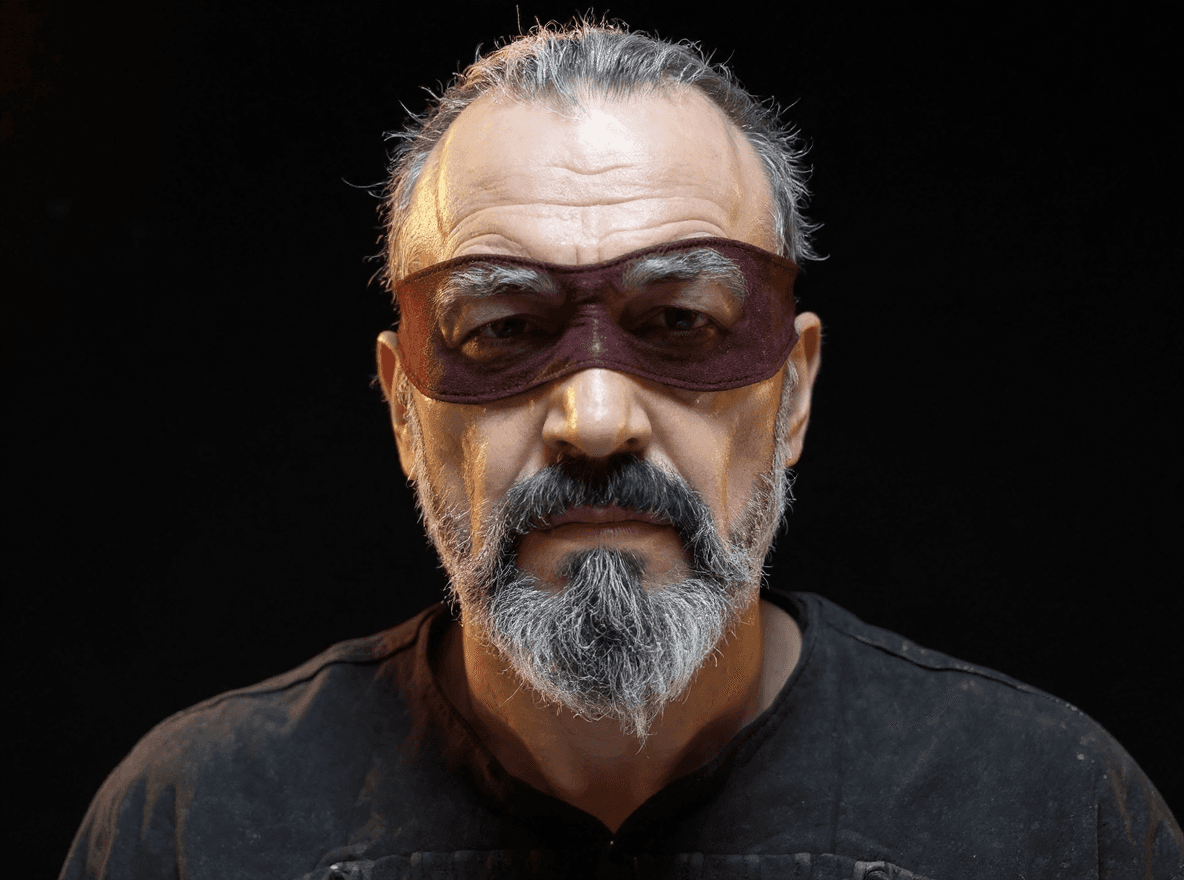 AI generated: Close-up portrait of a mature man just like the attached photo, weathered and textured.  A deep, ric...