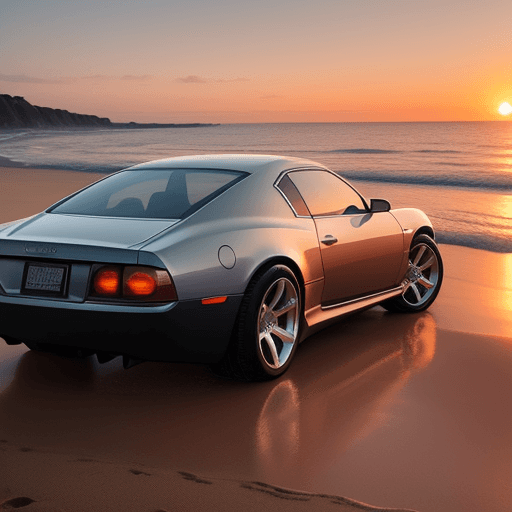 AI generated: Photo of a super realistic car, modern, elegant, on the beach, sunset and super detailed 