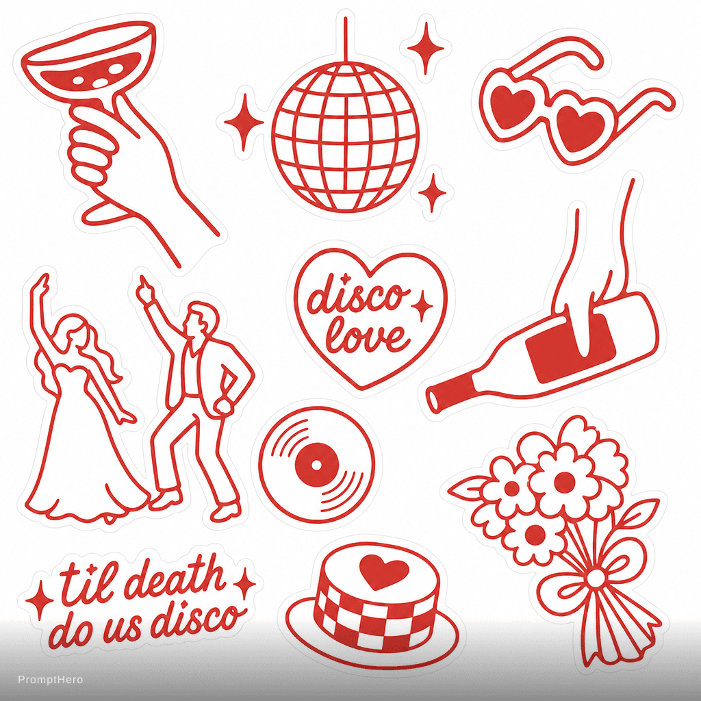 AI generated: Funky disco sicker pack for a funky chic wedding in the style of the provided images one color stick...