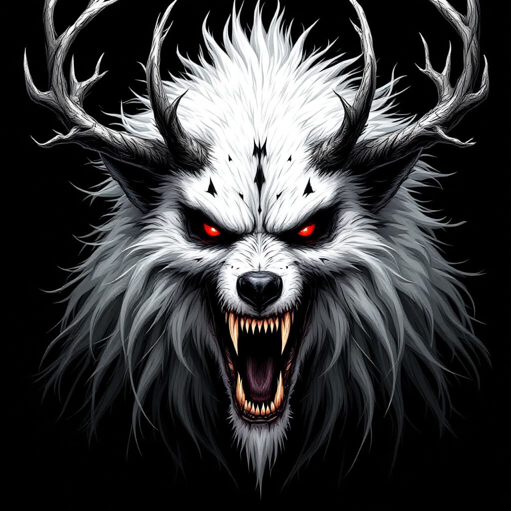 AI generated:  wendigo wolf creature, influenced by modern manga drawings, antlers, monster, scary, menacing, whit...