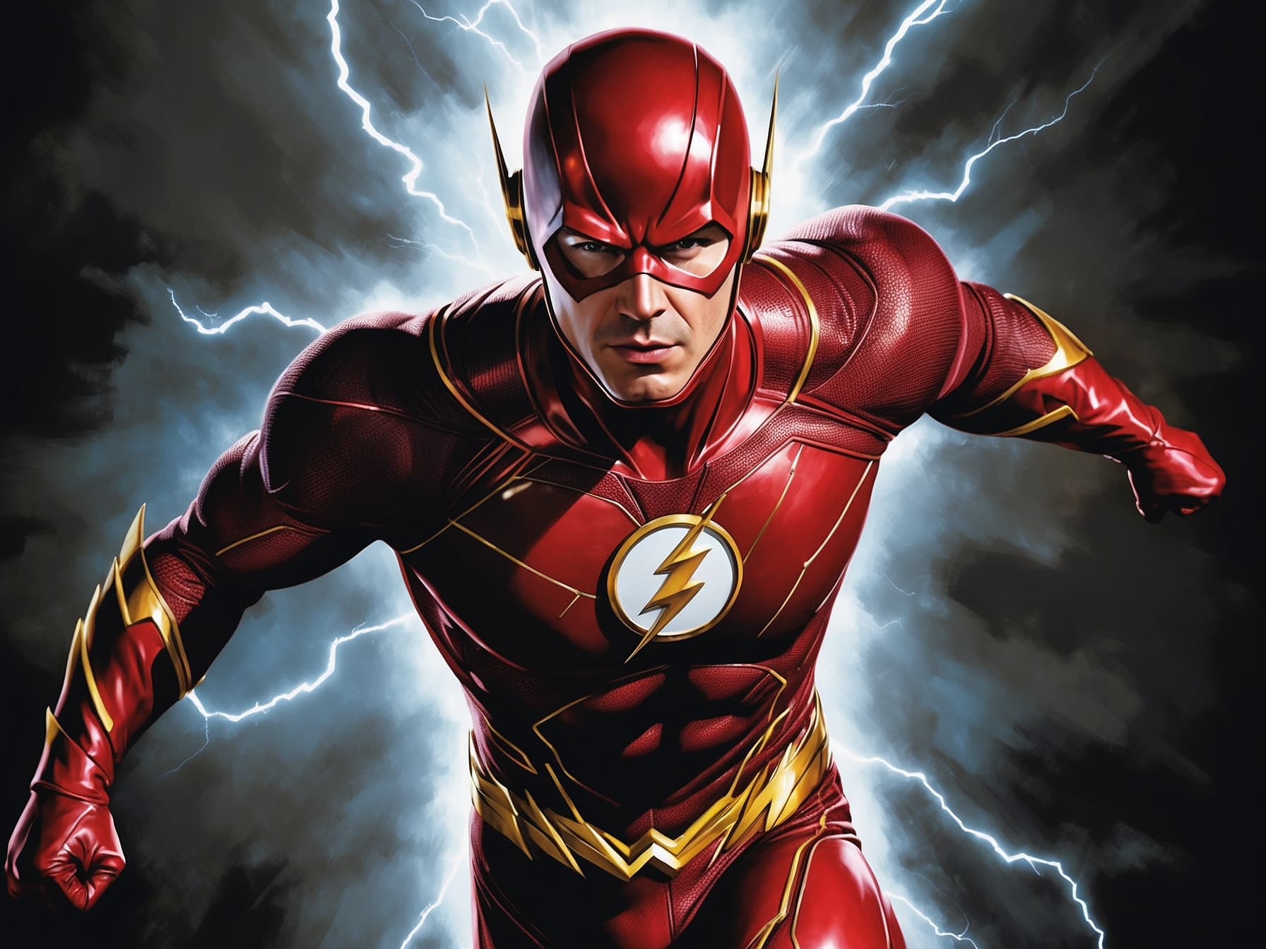 AI generated: portrait of Barry Allen dressed as the Flash, electrifying energy behind him, 8k, hyperrealism, unfo...