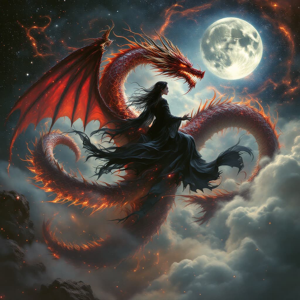 AI generated: An evil sorceress woman with flowing black garments riding a majestic, red dragon with long whiskers...