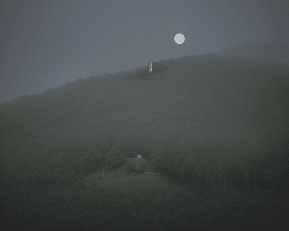AI generated: rocky hill full of long green trees with only a wooden cross on the top of the hill, together with a...