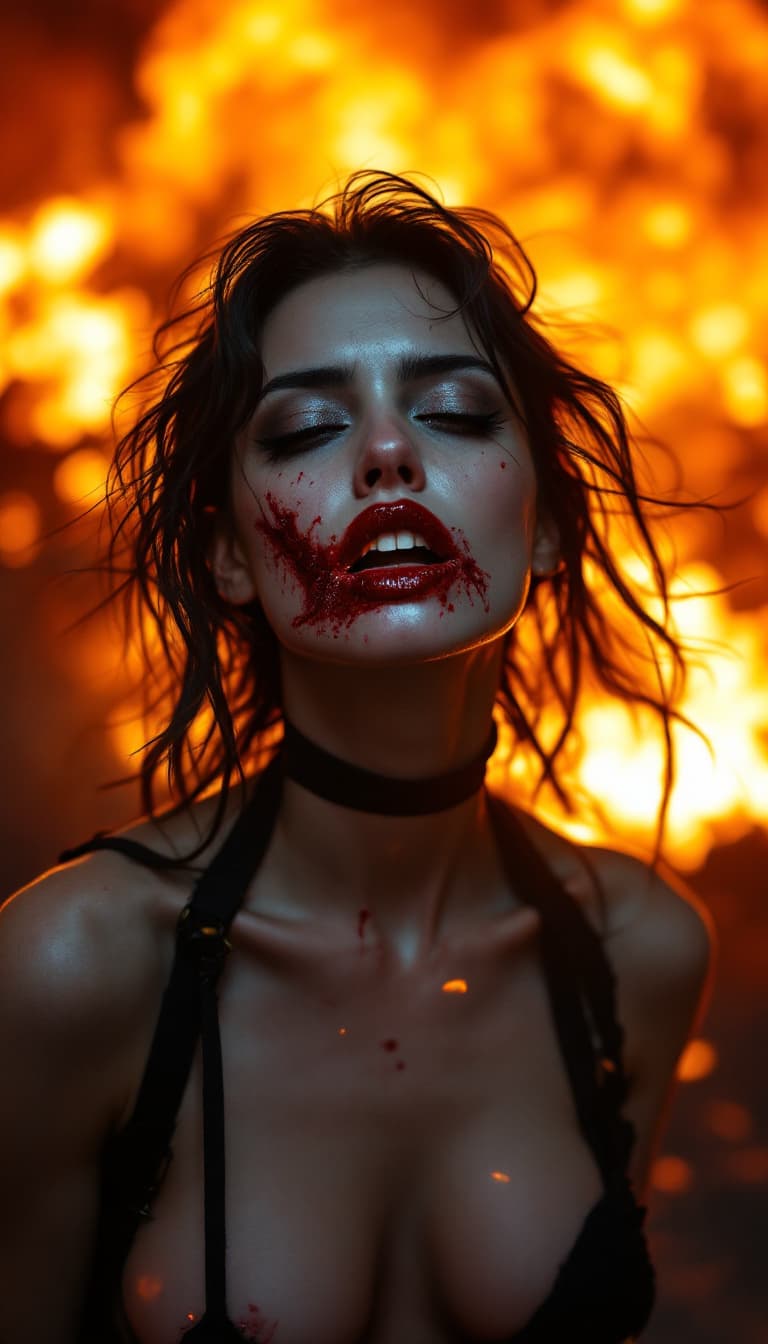 AI generated: high-resolution photograph, woman, ugly scar in the lips, exposed body,  stunning use of shadows, in...