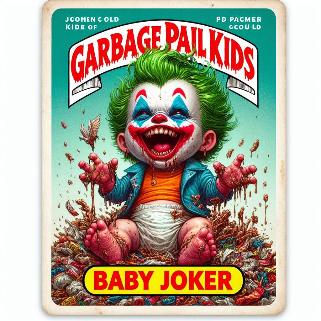 AI generated: Design a trading card in the style of the Garbage Pail Kids of a two-year-old The Joker laughing man...
