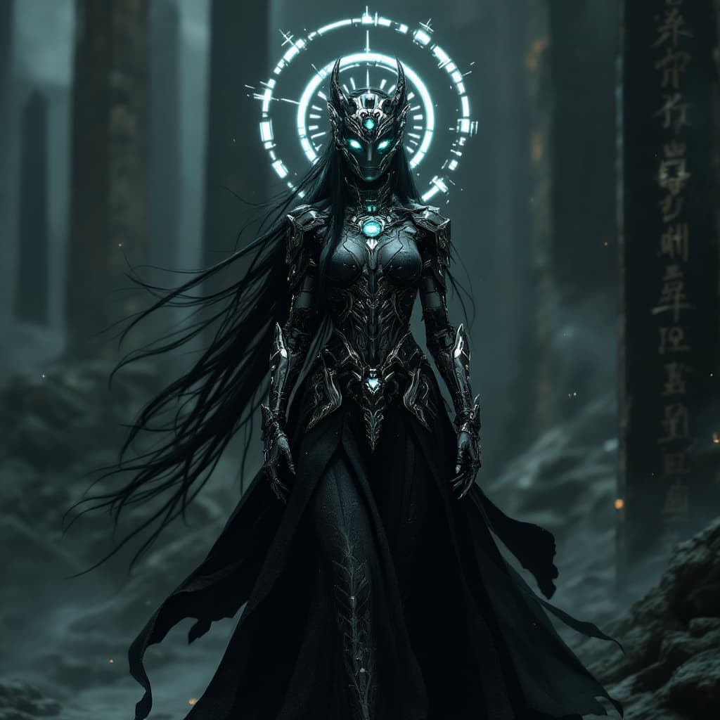 AI generated: (hero view:1.5), Gothic style Gothic style 1woman, (full body view) , mechanical battle harden warri...