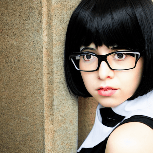AI generated: Portrait of a young lady, black hair, fringe, using glasses, white skin, big black eyes, long eyelas...