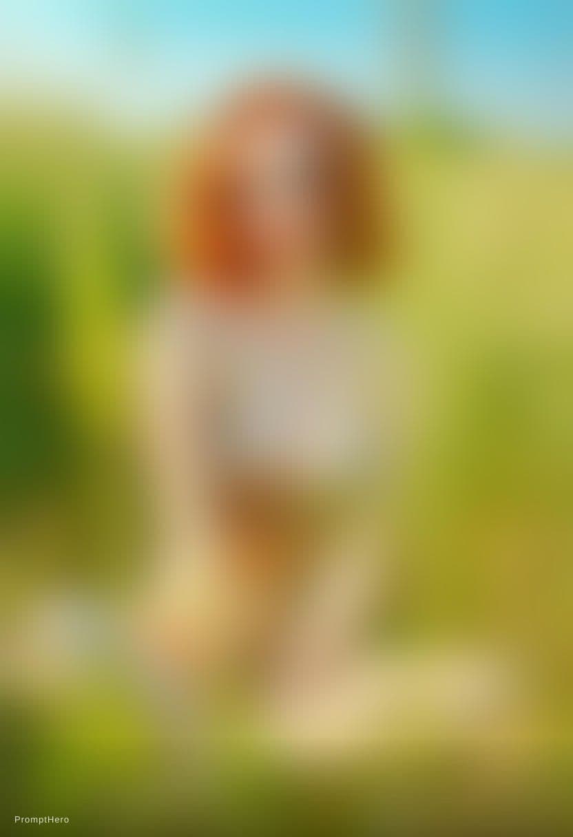 AI generated: A photorealistic portrait of a woman with vibrant, fiery red, wavy hair, seated in a field of tall g...