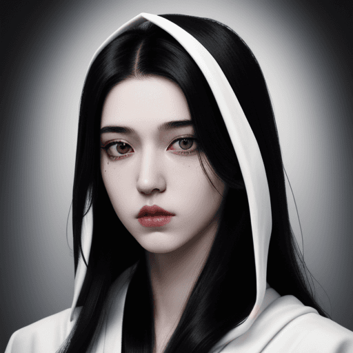 AI generated: Androgynous character, portrait, black eyes, hooked nose, long hair, black hair, parted hair, white ...