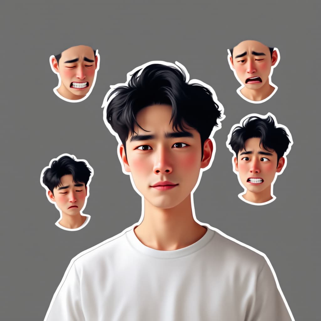 AI generated: A young Asian man with short, wavy dark hair, wearing a simple white T-shirt. The image is designed ...
