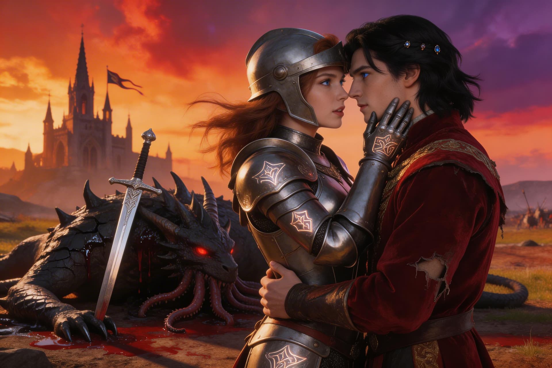 AI generated: A breathtakingly beautiful female knight with fierce determination and windswept auburn hair spillin...