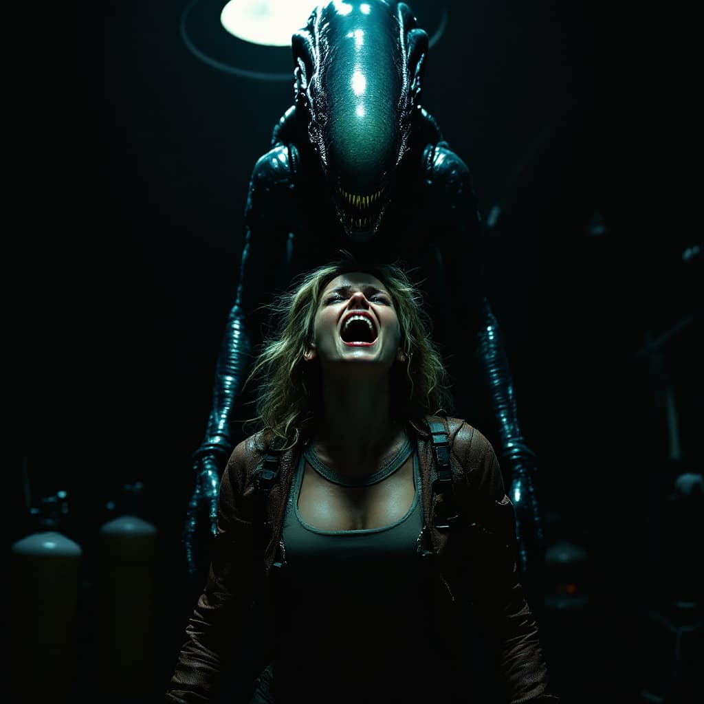 AI generated: A copy of the movie "ALIEN" in the style of Ridley Scott, there is an alien on top and in front of h...
