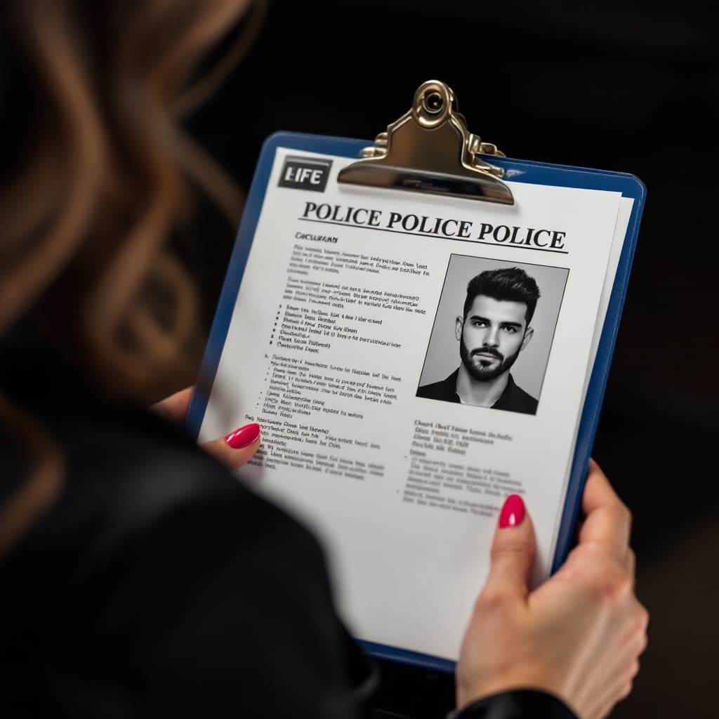 AI generated: a police file containing a photo of a caucasian man, short burst-taper dark hair and short trimmed b...