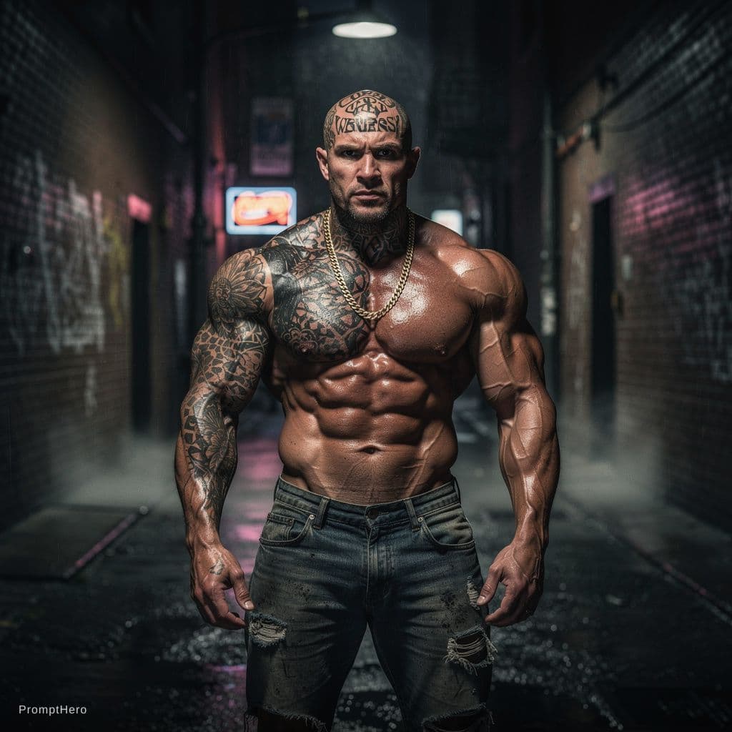 AI generated: Bodybuilder like ronnie Coleman shredded body tattoos all over bold head dark back alley ripped dirt...