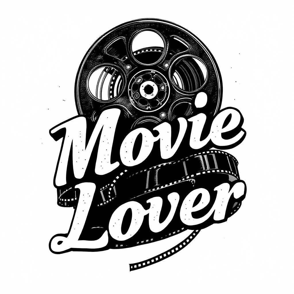 AI generated: Minimalistic design of a classic film reel with a strip of film flowing out, intertwined with a bold...