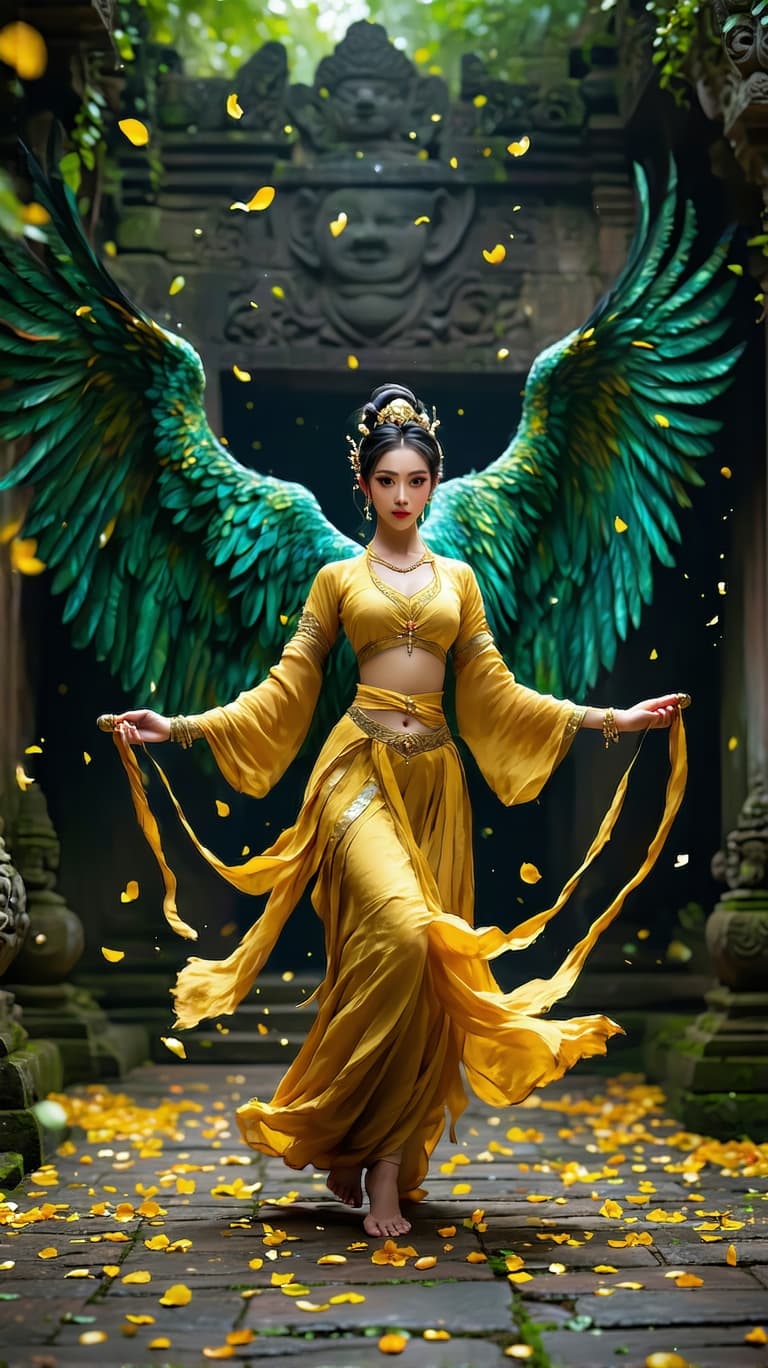 AI generated: An ultra-realistic, wide angle, front facing, full-body portrait of a mesmerizing Dancer in golden t...